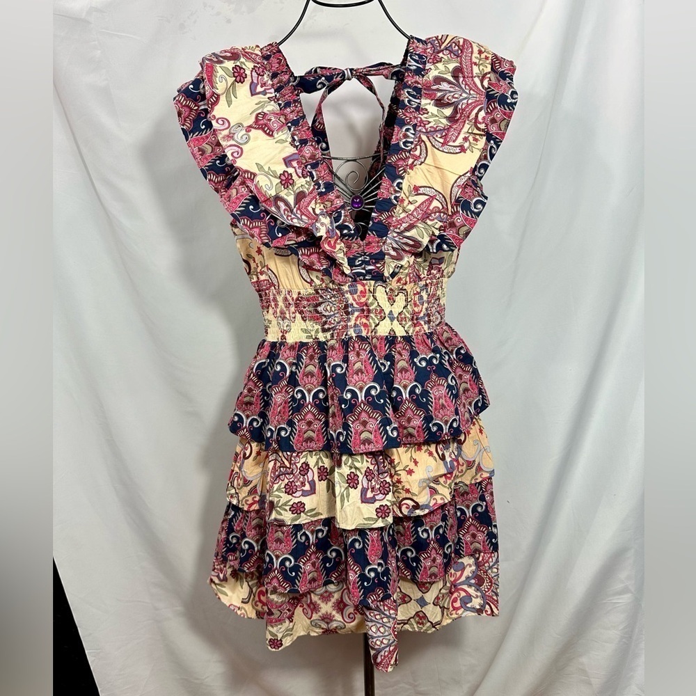 NWT Caroline Constas mixed media tiered ruffle shoulder mini dress size M